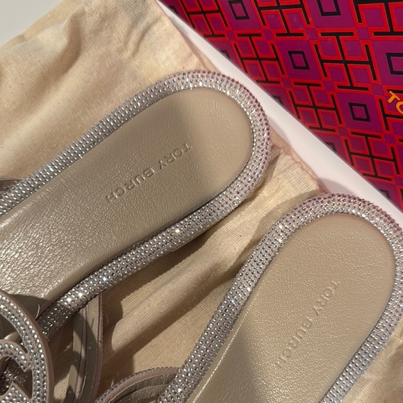 Tory Burch Pave Miller Crystal Metallic Cream/Silver Sandals Size 10 - Picture 4 of 8